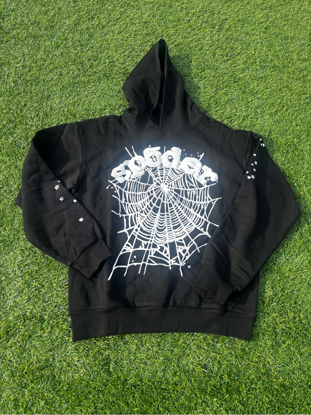Black Crewneck Sweatshirt with White Spiderweb Graphic